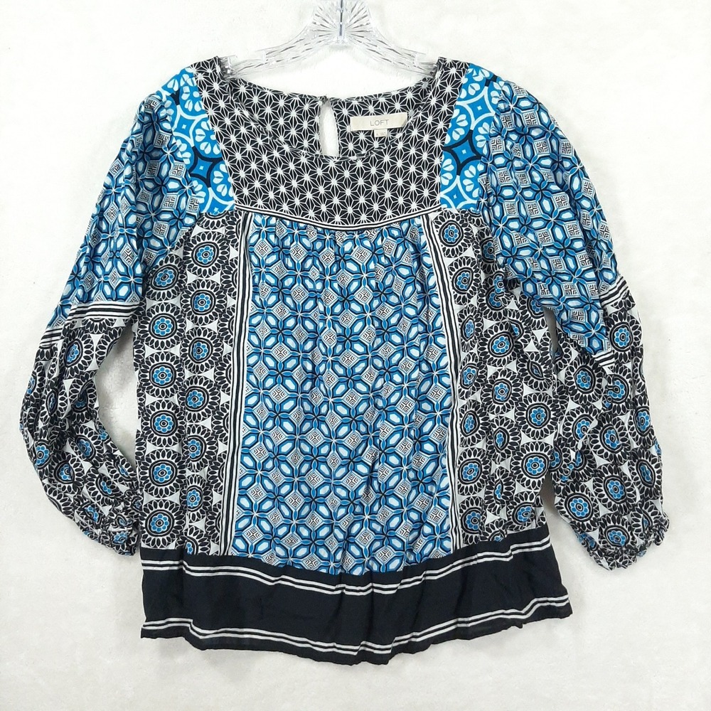 LOFT Womens Med Blue Black Geometric Floral Print Blouse‎ Long Sleeve Grannycore
